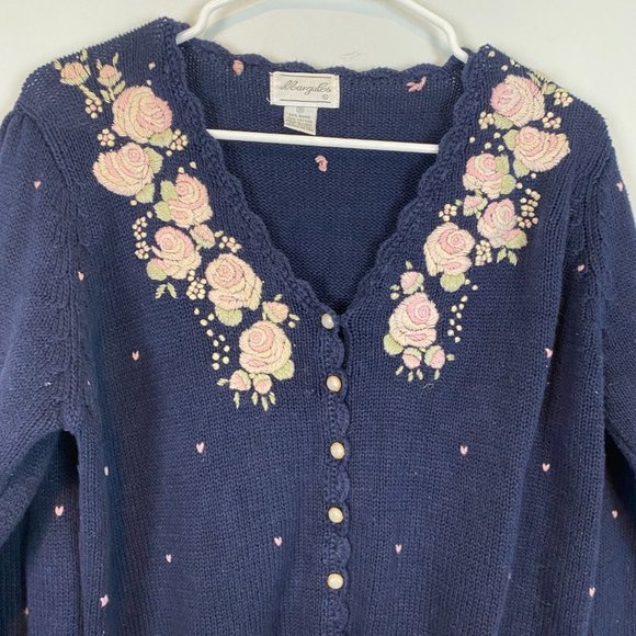 Vintage Margules Knit Sweater Cardigan Floral Embroidered Navy Button Down Small - Picture 2 of 10